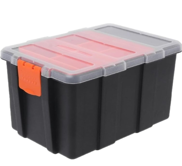 Big Organiser – Large 24-Compartment Tool Storage Tray, Clear PP Plastic Snap Lid, Stackable & Wall-Mountable | Adjustable Dividers for Screws, Bolts, Bits & Hardware | UAE Workshop Pro Organizer